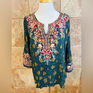 Savannah Jane Green Boho Tunic w/Embroidery, Metallic Thread, Bell Sleeves 1X